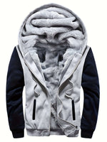 men's hooded jacket specifications showcasing the interior lining and front zip with pockets.
