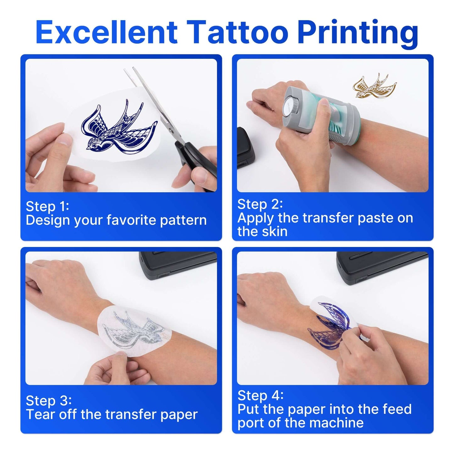 Step-by-step guide for excellent tattoo printing showing design, application, transfer removal, and machine feeding.