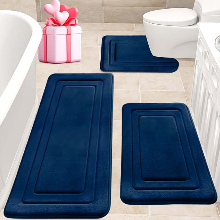 memory foam bath mat set Non-Slip floor for indoor & outdoor in navy color on bathroom floor