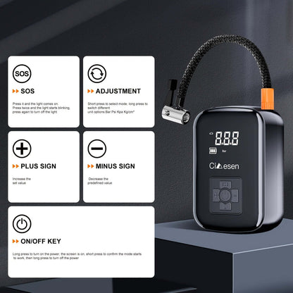 Portable tire inflator with digital display featuring adjustable settings and SOS function.