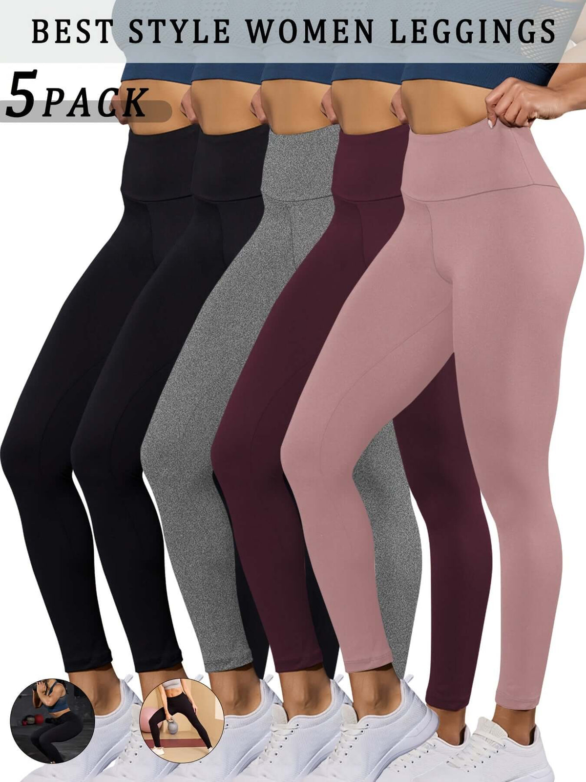 high waisted tummy control leggings in a 5 pack with black, gray, maroon, and pink colors for women