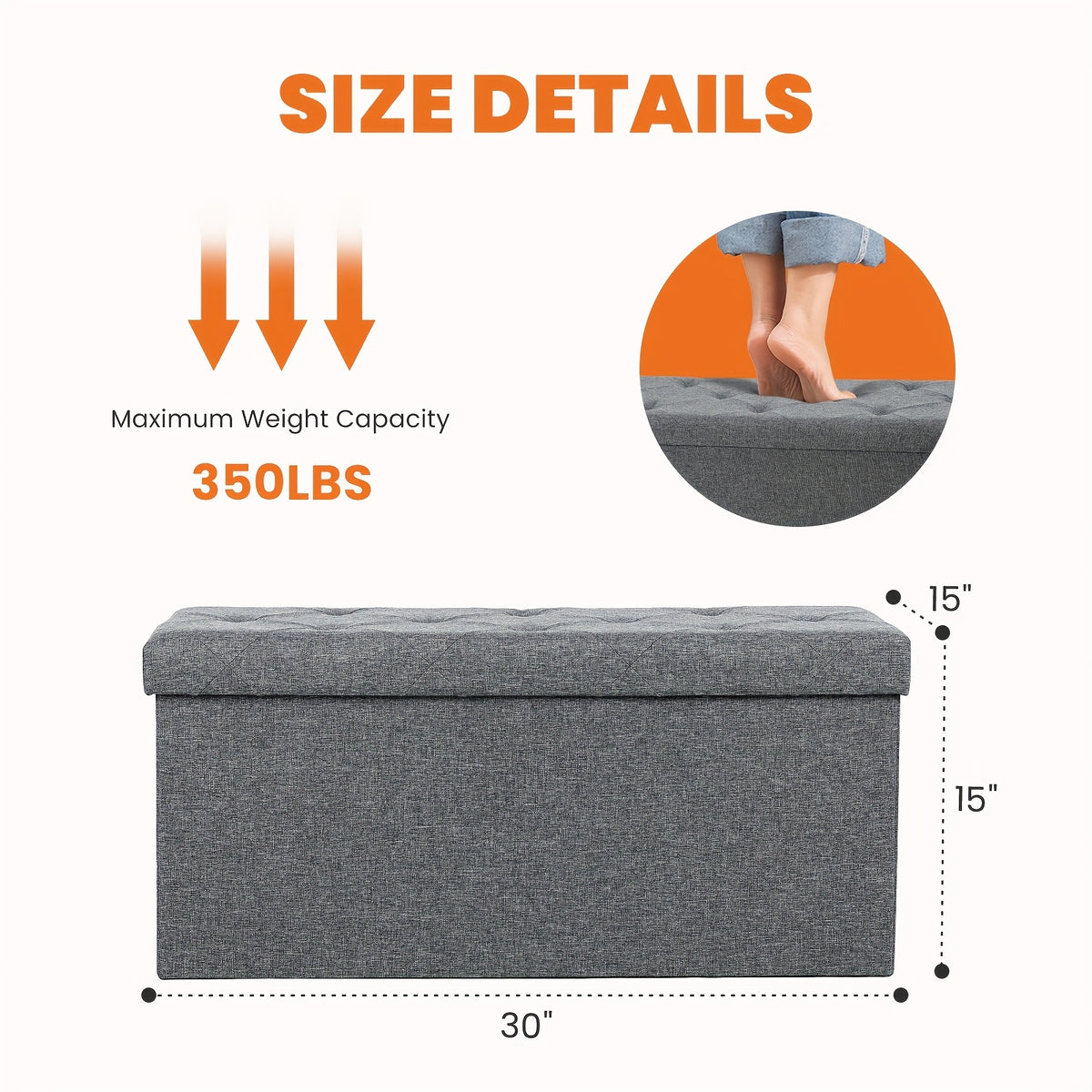 Size details of a storage ottoman bench with a maximum weight capacity of 350lbs, dimensions 30x15 inches.
