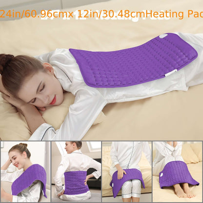 extra large electric heating pad on a woman relaxing with comfort in a cozy setting.