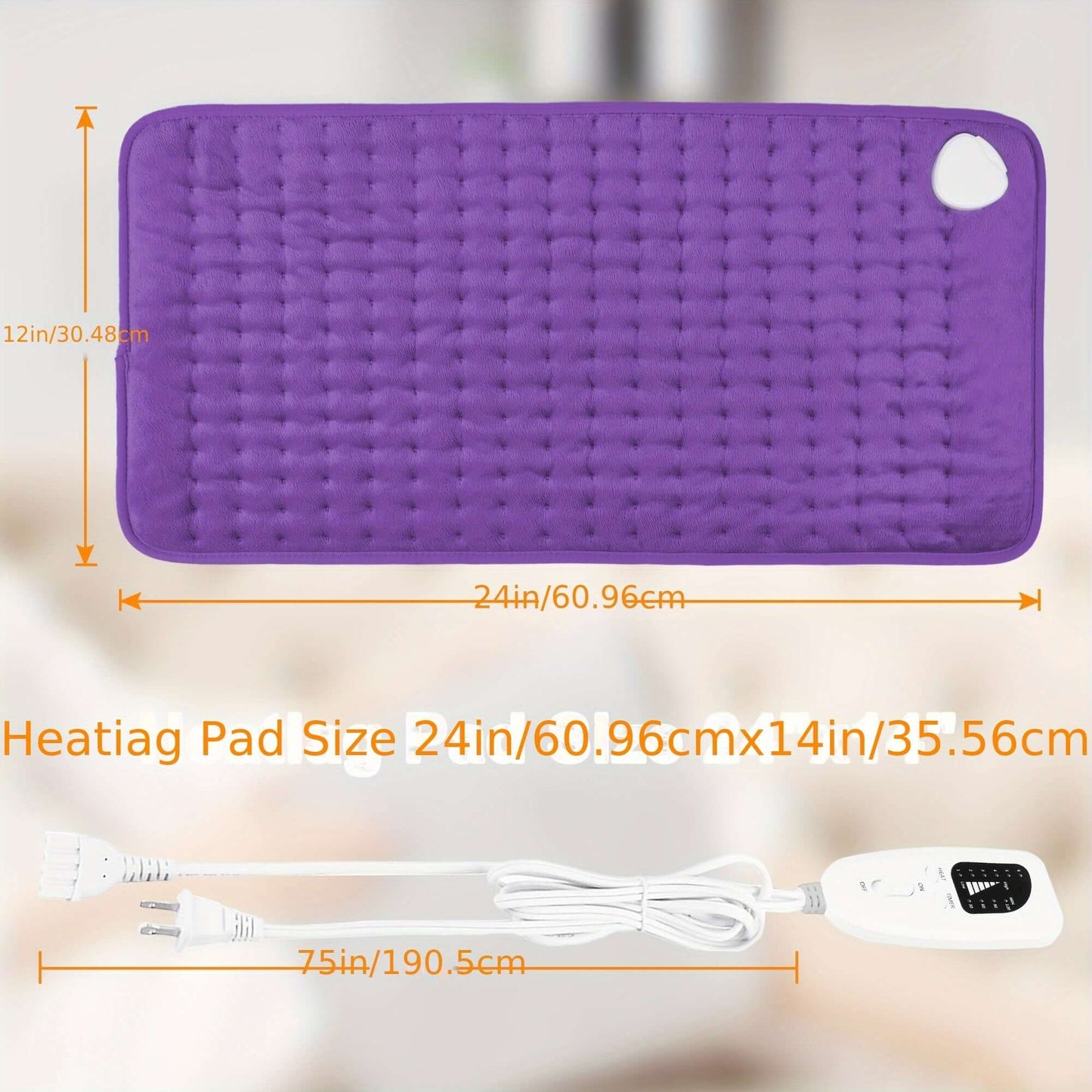 Extra large electric heating pad in purple, size 24in x 14in, with control cord.