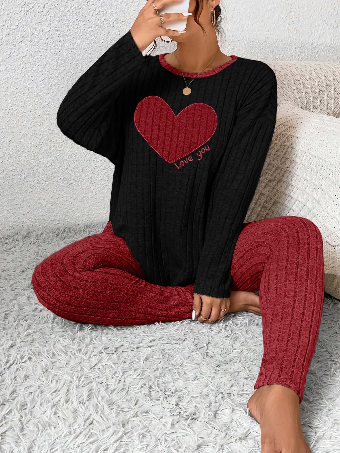 plus size heart fitted loungewear featuring a cozy black and red outfit with a heart design.