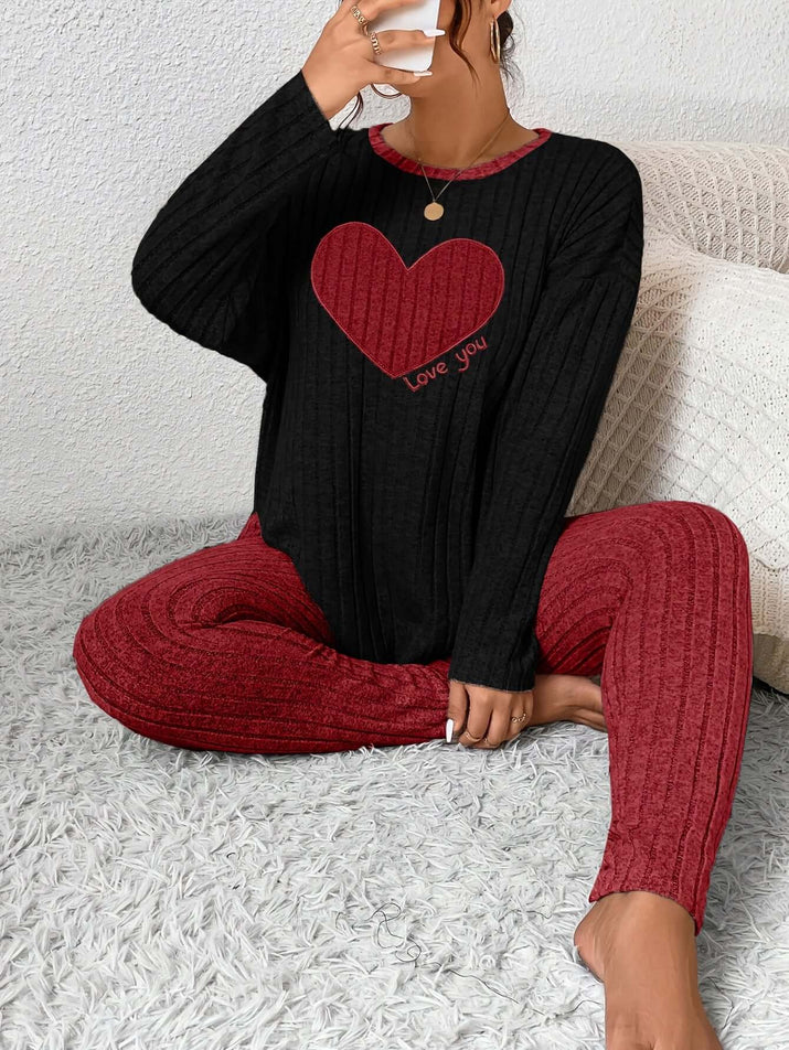 plus size heart fitted loungewear featuring a cozy black and red outfit with a heart design.