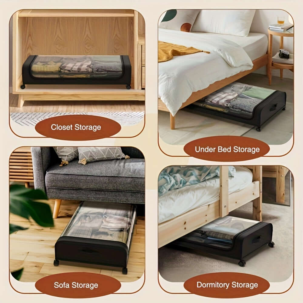 Underbed storage bins with wheels for closet, dormitory, and sofa storage solutions.
