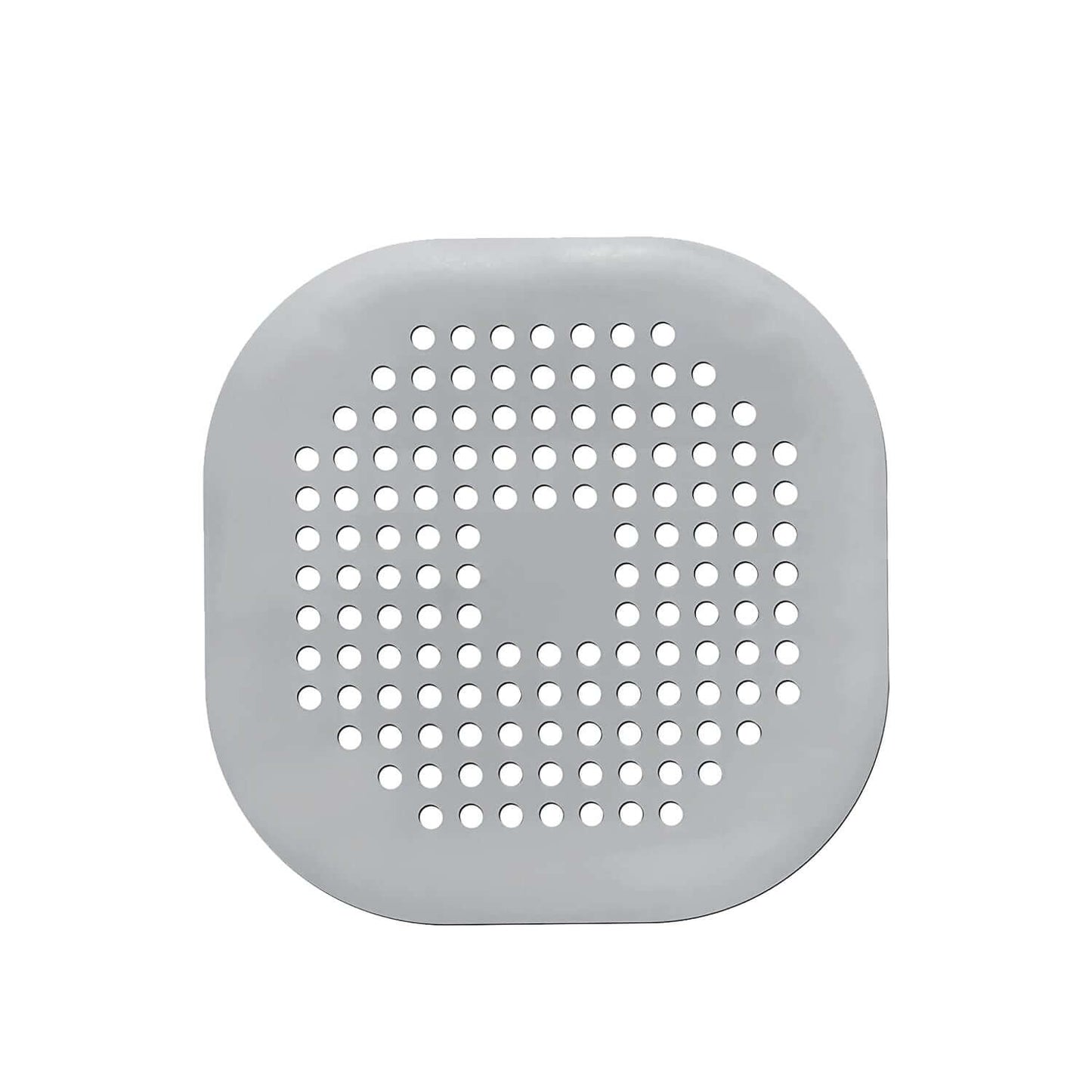 Silicone drain protector for bathroom kitchen, gray circular design with holes for effective drainage.