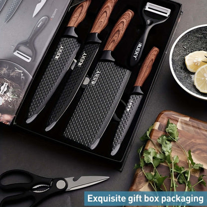 Professional kitchen knife set in exquisite gift box packaging with wooden handles and sharp blades.