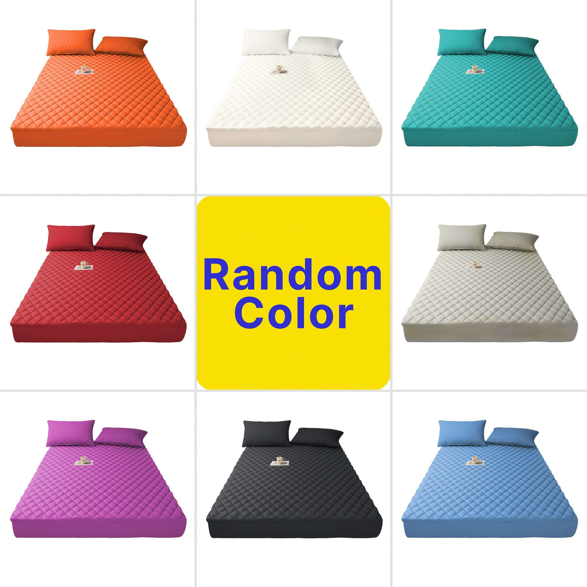 Colorful random selection of mattress options showcasing various colors and styles in an arranged grid format.
