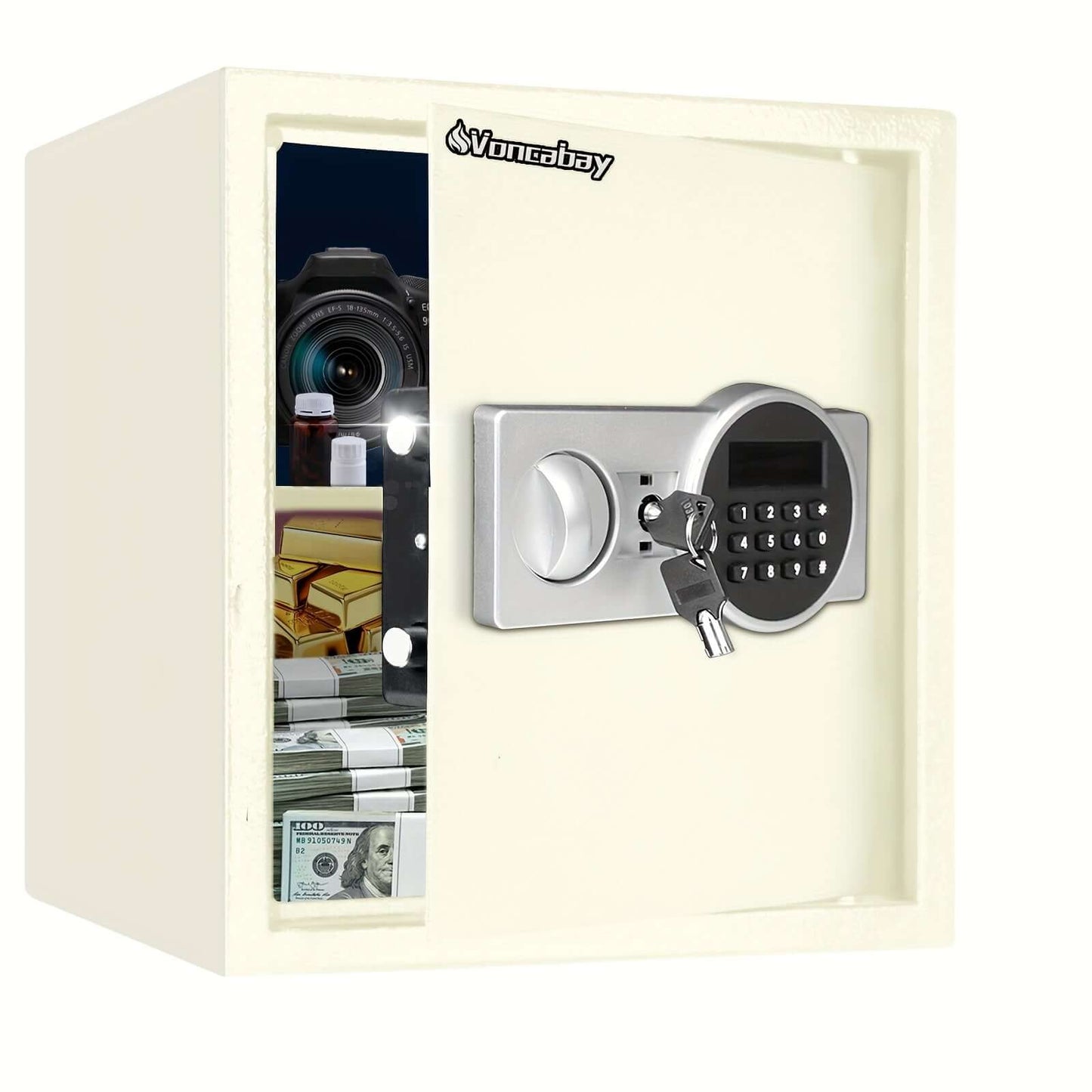 heavy-duty fireproof safe with keypad, showing interior items like cash and a camera.