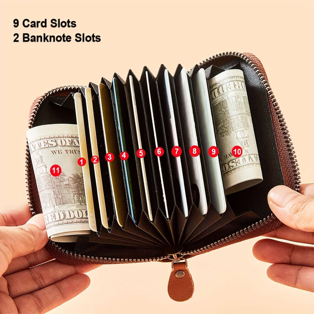 Interior view of RFID leather wallet for men, showing 9 card slots and 2 banknote slots.