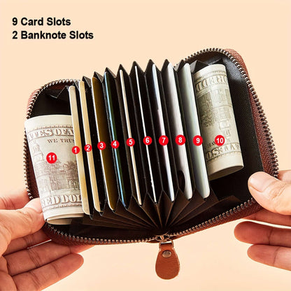 Interior view of RFID leather wallet for men, showing 9 card slots and 2 banknote slots.