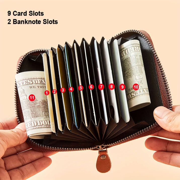 Interior view of RFID leather wallet for men, showing 9 card slots and 2 banknote slots.