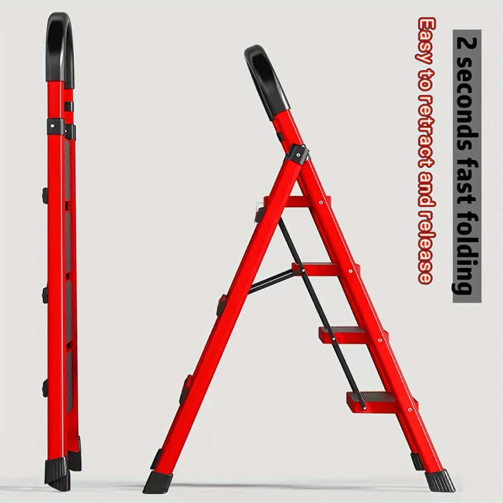 Heavy-duty portable folding ladder in red, featuring easy retraction and fast folding for quick use.
