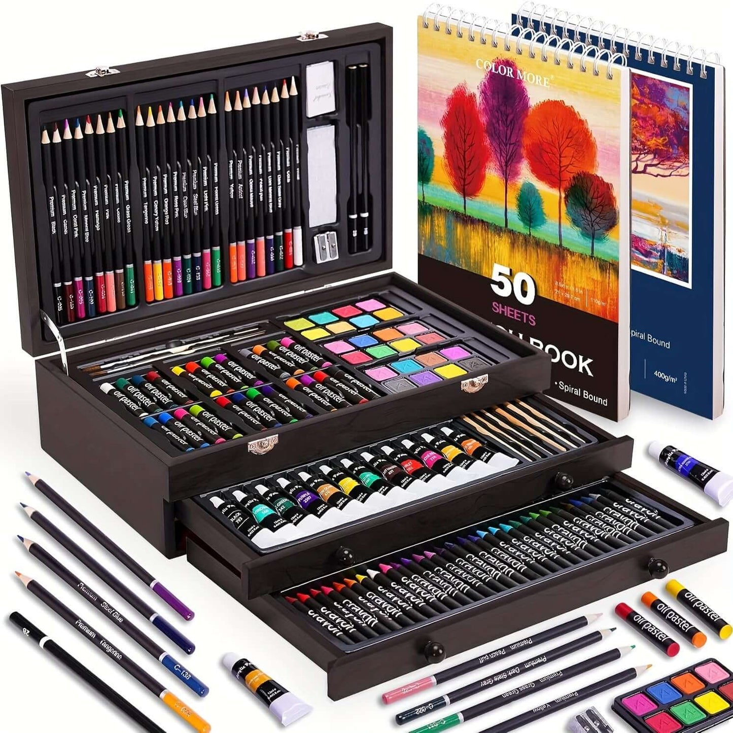 PASAMIC non-toxic art supplies in a wooden case with colored pencils, watercolors, and sketchbook.