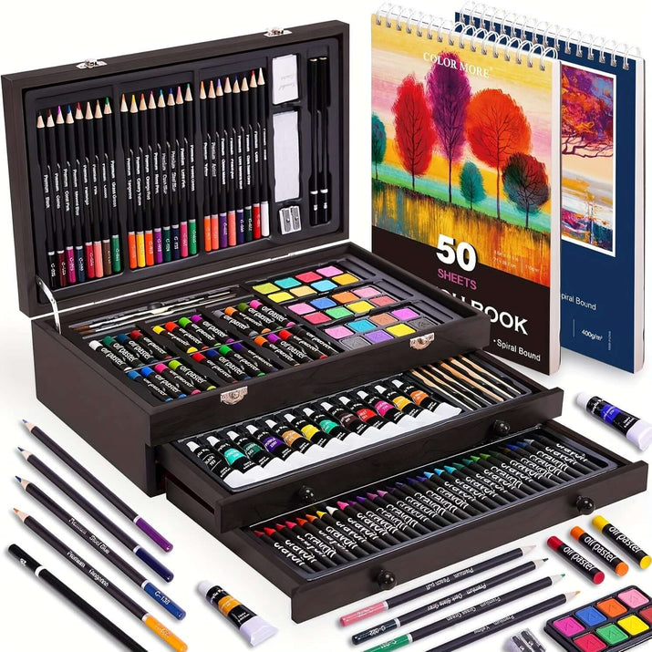 PASAMIC non-toxic art supplies in a wooden case with colored pencils, watercolors, and sketchbook.