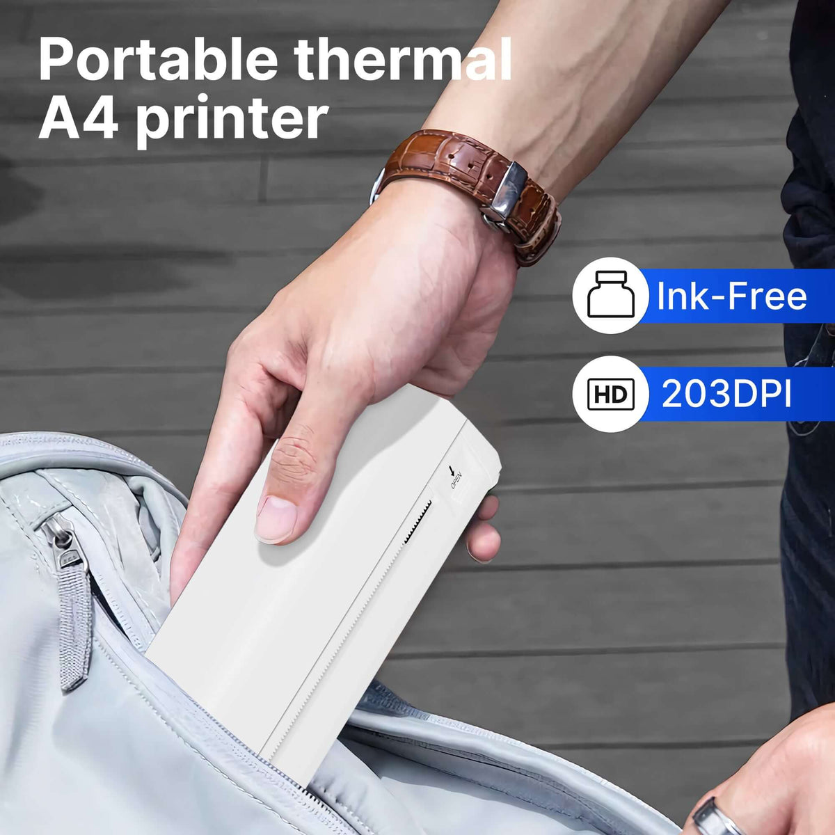 Hand holding a portable thermal A4 printer, showcasing its compact design for travel and ink-free operation.