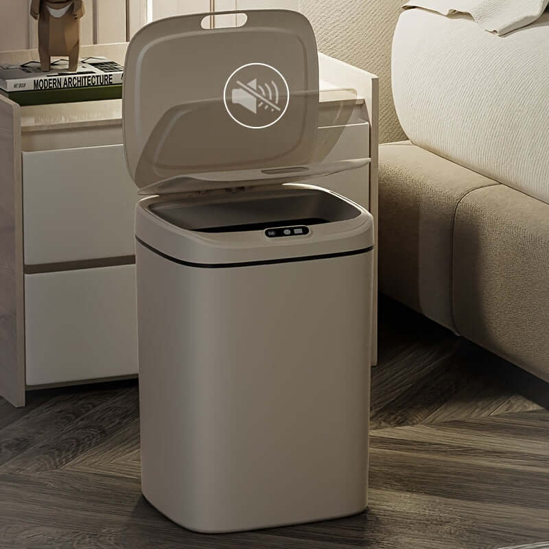 motion-sensor trash can specifications - sleek design with automatic lid in a modern bedroom setting.
