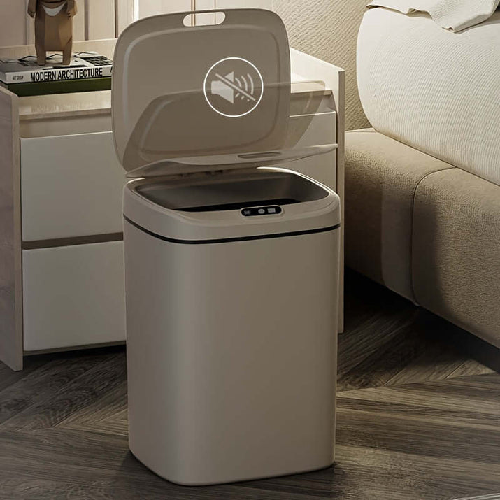 motion-sensor trash can specifications - sleek design with automatic lid in a modern bedroom setting.