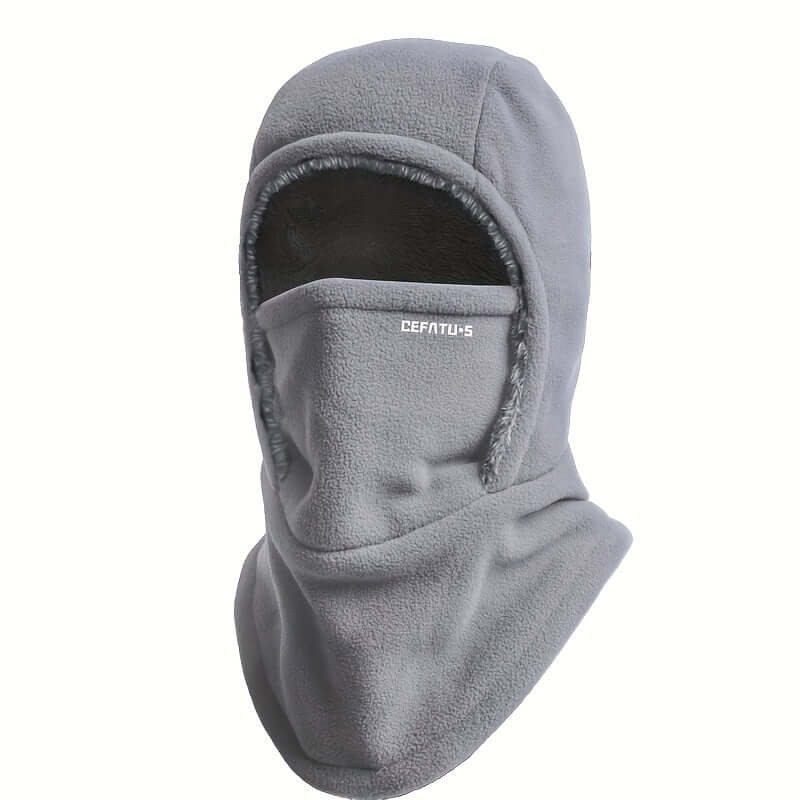 Winter balaclava for outdoor sports in gray fleece fabric providing warmth and comfort during cold weather activities.