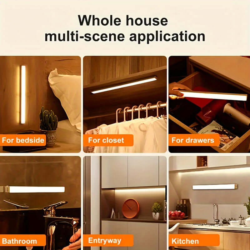 Wireless LED under cabinet light shown in various applications for home settings, including kitchen and closet use.