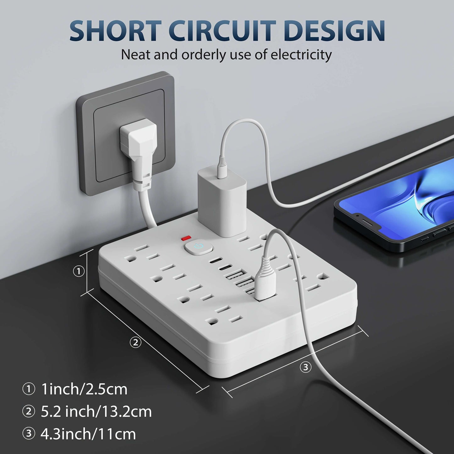 Heavy-duty power strip surge protector with short circuit design and multiple outlets for organized electricity use.