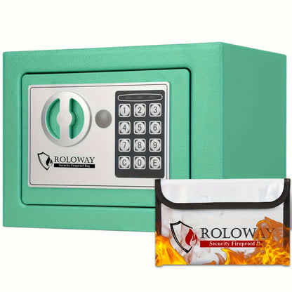 heavy-duty fireproof safe with keypad in teal color and fireproof bag beside it.