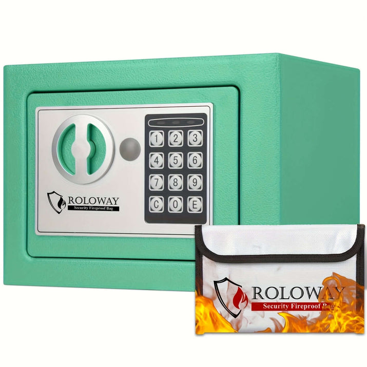 heavy-duty fireproof safe with keypad in teal color and fireproof bag beside it.