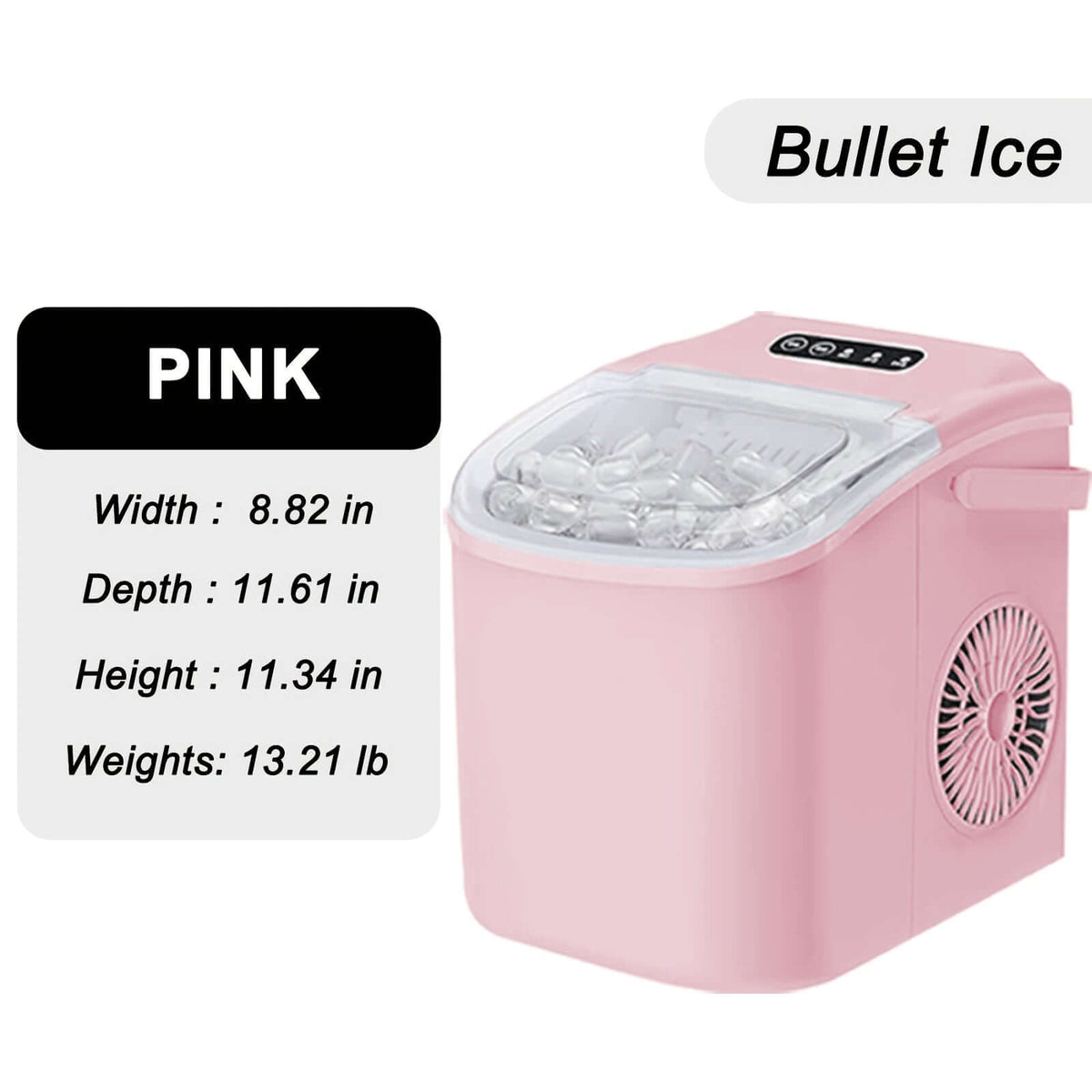 Portable ice maker with handle in pink, showcasing width, depth, height, and weight specifications.