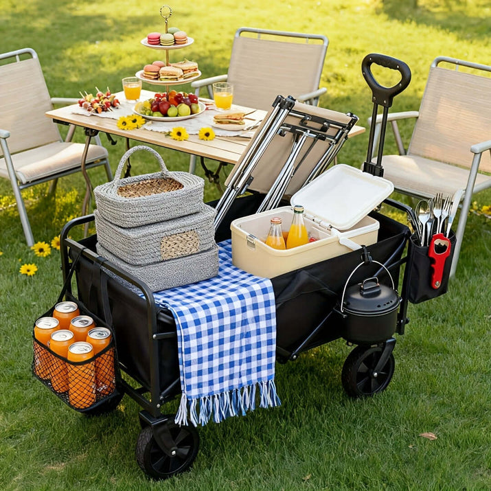 heavy duty folding cart for outdoor use filled with picnic supplies on a grassy area.