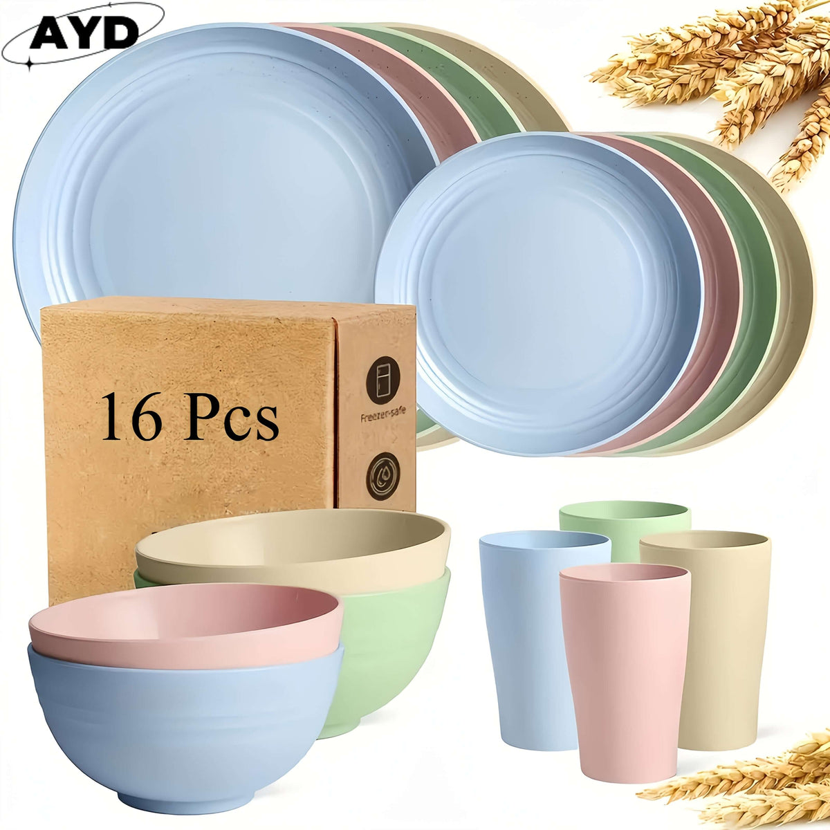 Wheat straw dinnerware set featuring 16 lightweight colorful plates and bowls in pastel shades.