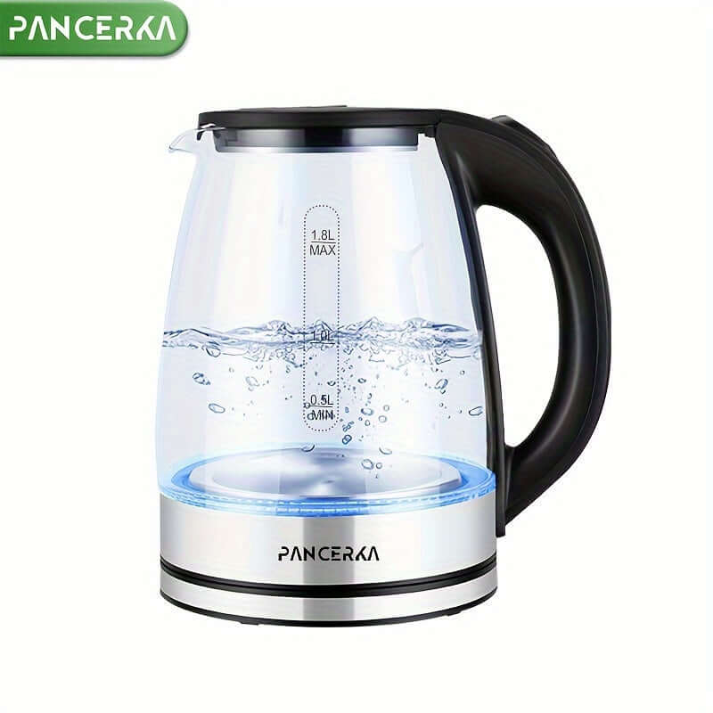 electric tea kettle with auto shut off featuring a transparent body and illuminated base.