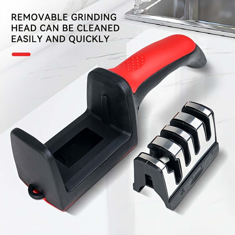 Professional knife sharpener with removable grinding head for easy cleaning.