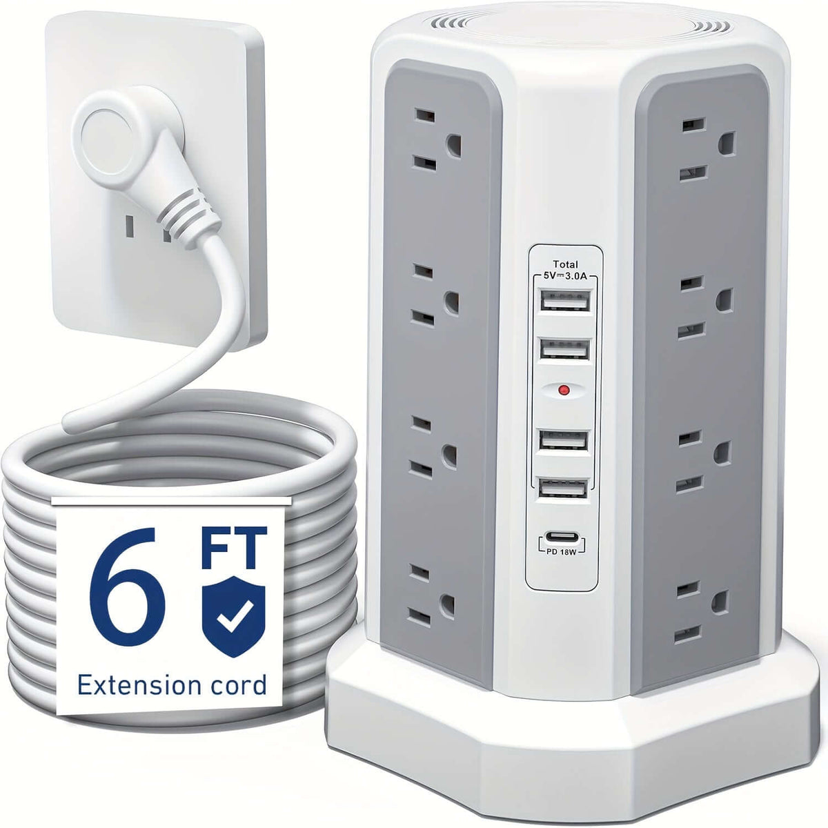 flat plug power board with USB ports featuring a 6 FT extension cord and multiple outlets for charging devices.