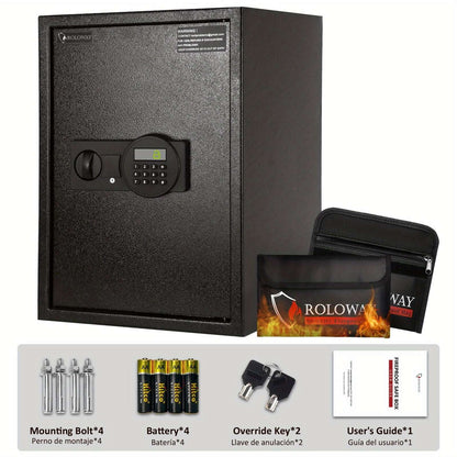heavy-duty fireproof safe with keypad displayed with accessories including bolts and batteries.
