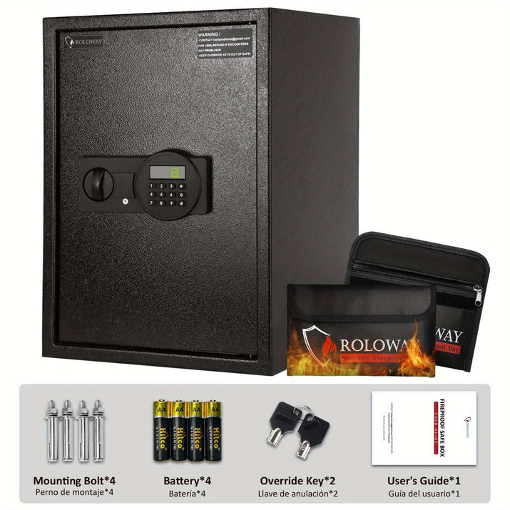 heavy-duty fireproof safe with keypad displayed with accessories including bolts and batteries.
