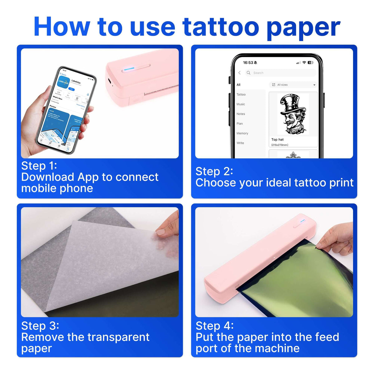 How to use tattoo paper: steps for connecting app, choosing design, preparing, and using the printer.