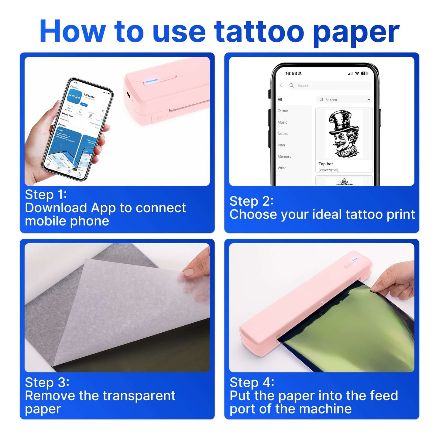 How to use tattoo paper: steps for connecting app, choosing design, preparing, and using the printer.