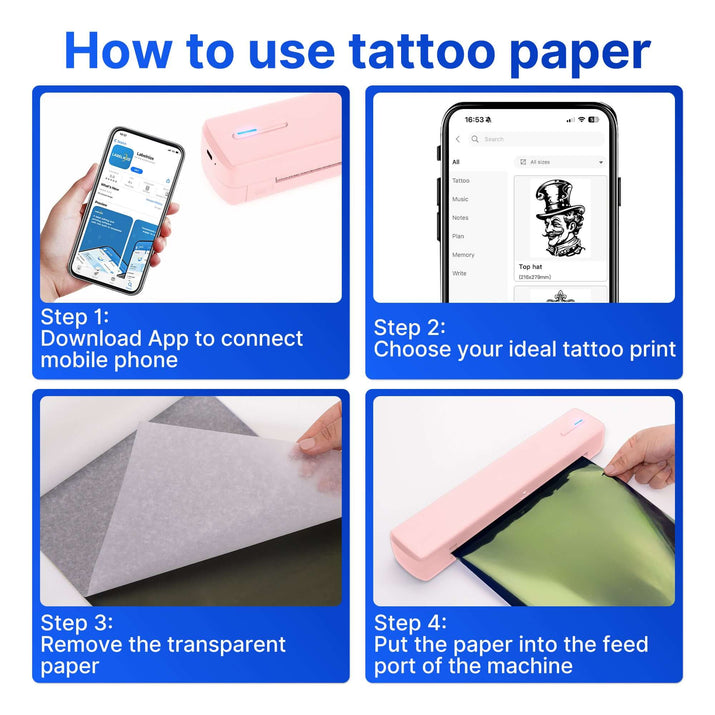 How to use tattoo paper: steps for connecting app, choosing design, preparing, and using the printer.