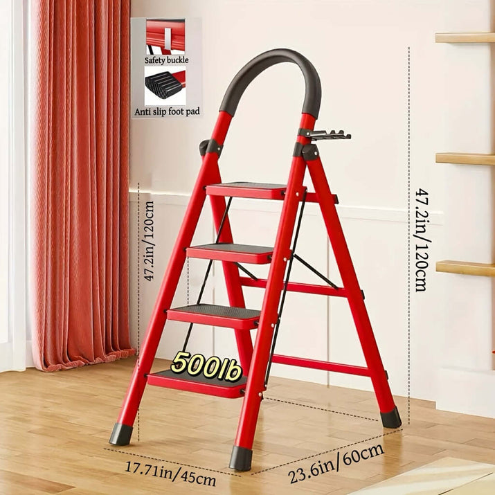 heavy-duty portable folding ladder with safety buckle and anti-slip foot pad, supports up to 500lbs, red color