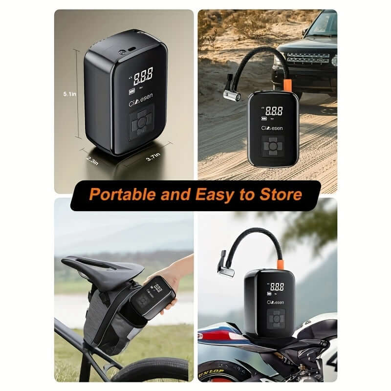 Portable tire inflator with digital display for easy inflation and storage in vehicles and bikes.