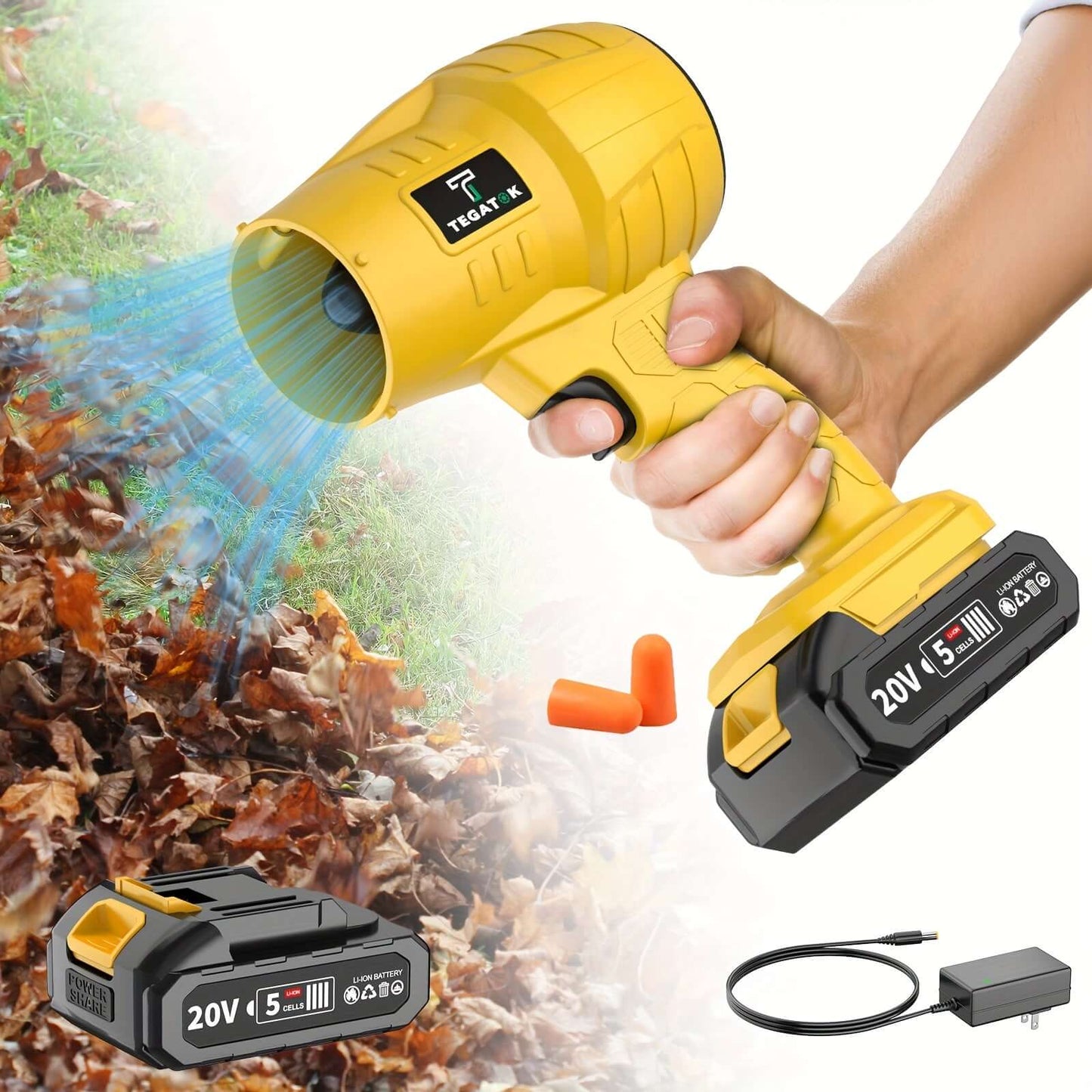 TEGATOK rechargeable battery specifications with a 20V handheld blower clearing leaves.
