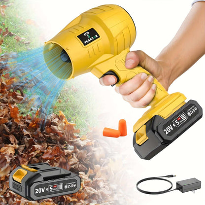 TEGATOK rechargeable battery specifications with a 20V handheld blower clearing leaves.