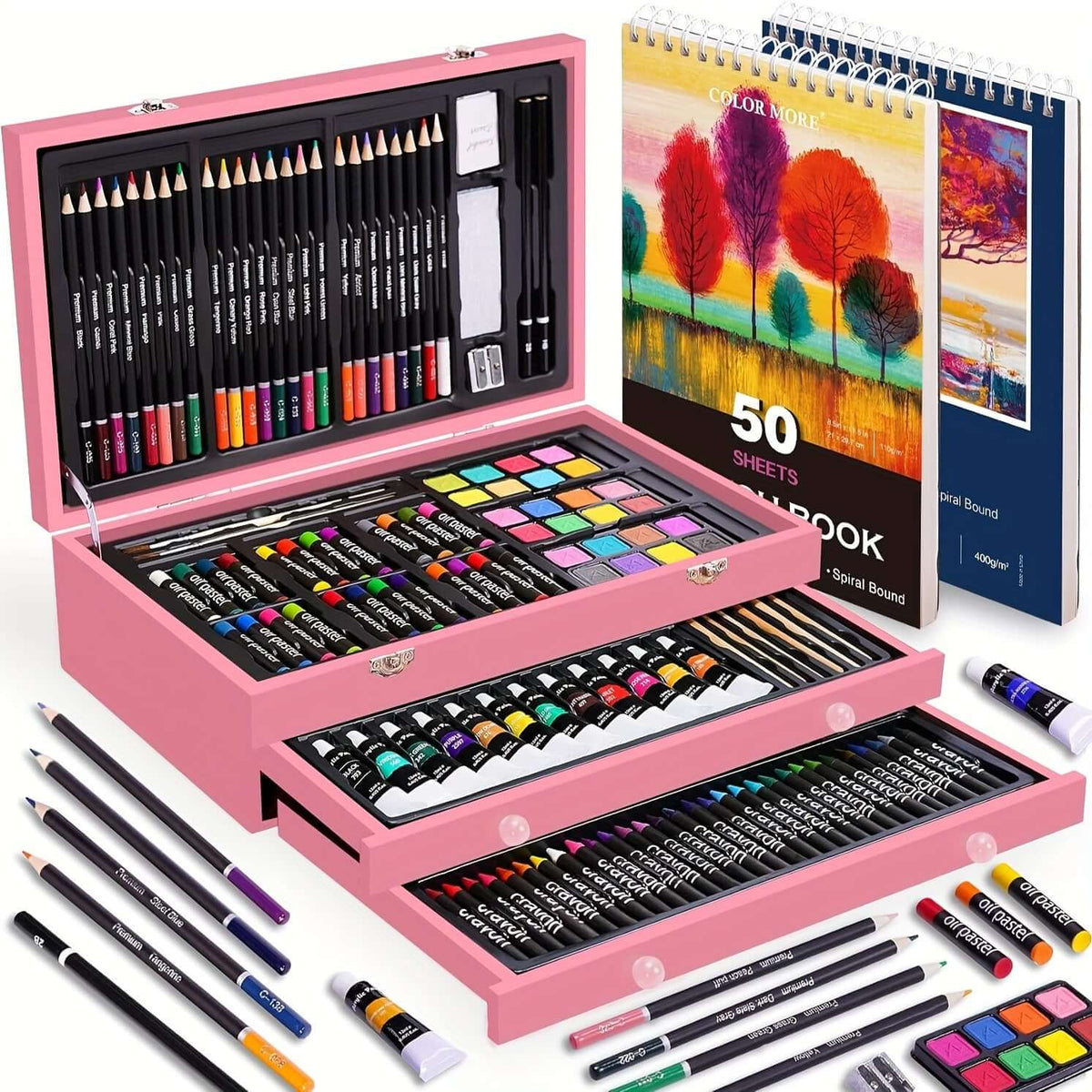 PASAMIC non-toxic art supplies set with colored pencils, paints, and sketchbook in a pink storage box.