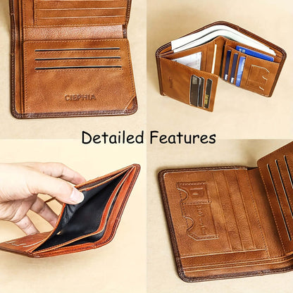 Detailed features of RFID leather wallet for men showing card slots and compartments.