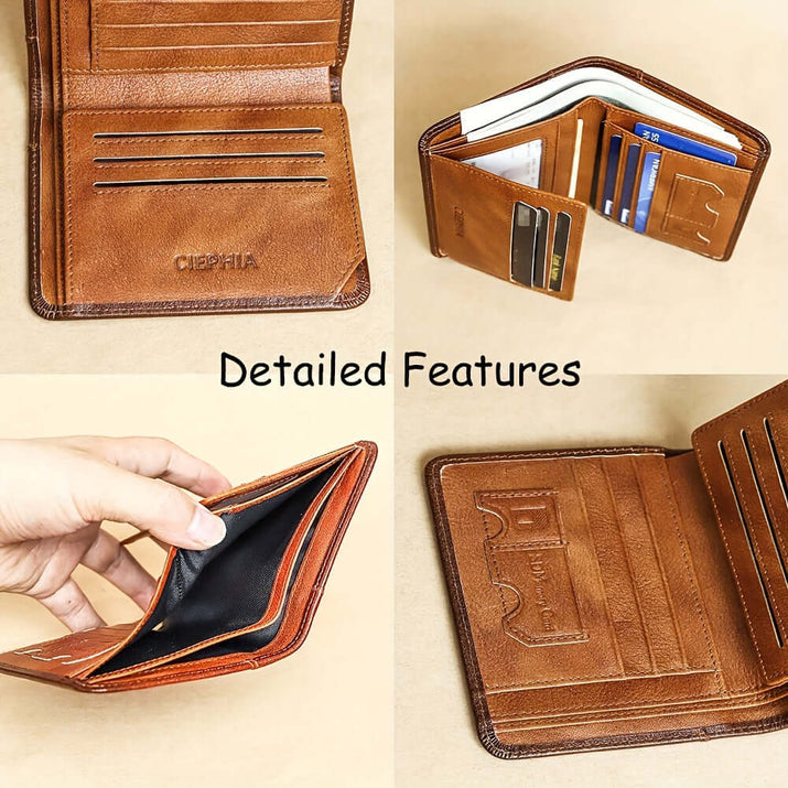 Detailed features of RFID leather wallet for men showing card slots and compartments.