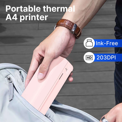Hand holding a portable thermal A4 printer, showcasing its compact design for travel use.