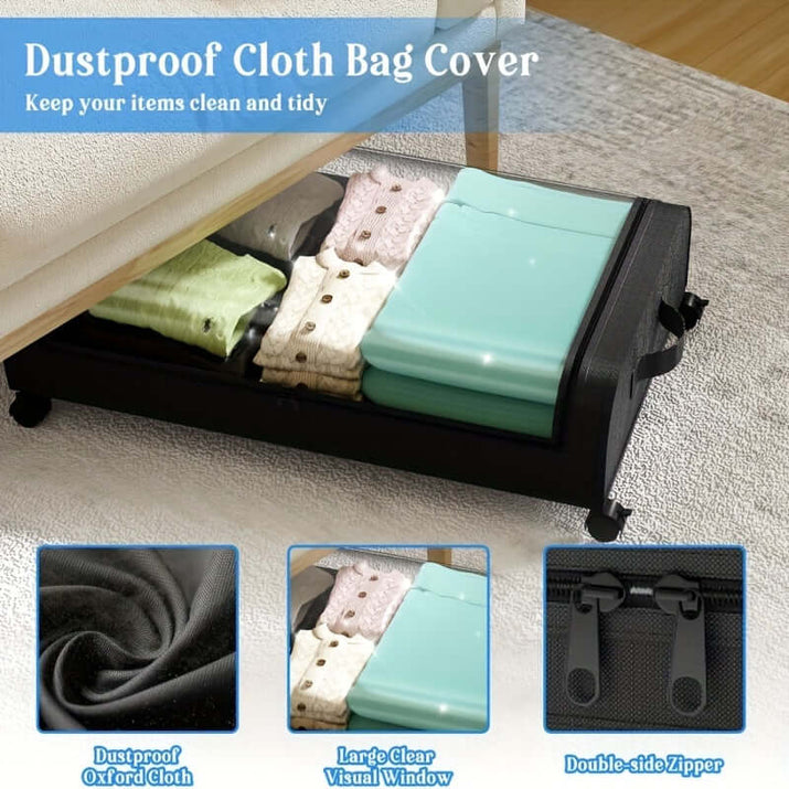 Underbed storage bins with wheels for dustproof organization and easy access under bed.
