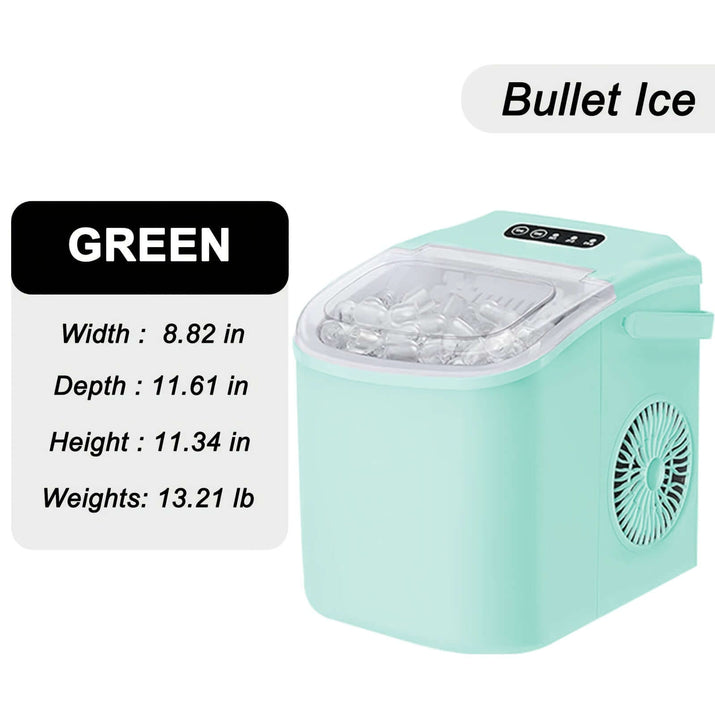 Portable ice maker with handle in green color with dimensions and weight details.